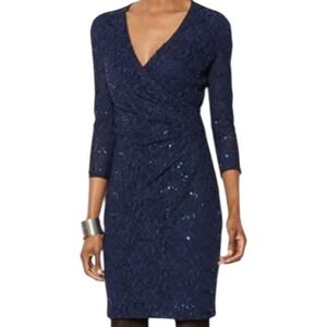 Lauren Ralph Lauren Navy Lace Sequin Faux Wrap Sheath Dress Size 10 Feminine